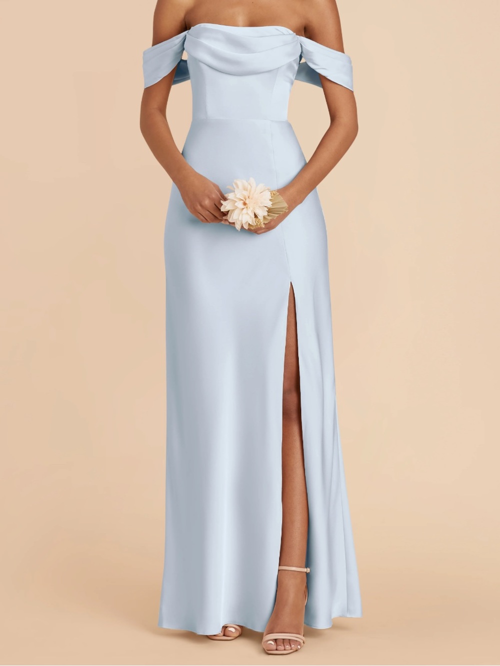 Birdy Grey Strapless Light Blue Off-Shoulder Gown with Side Slit
